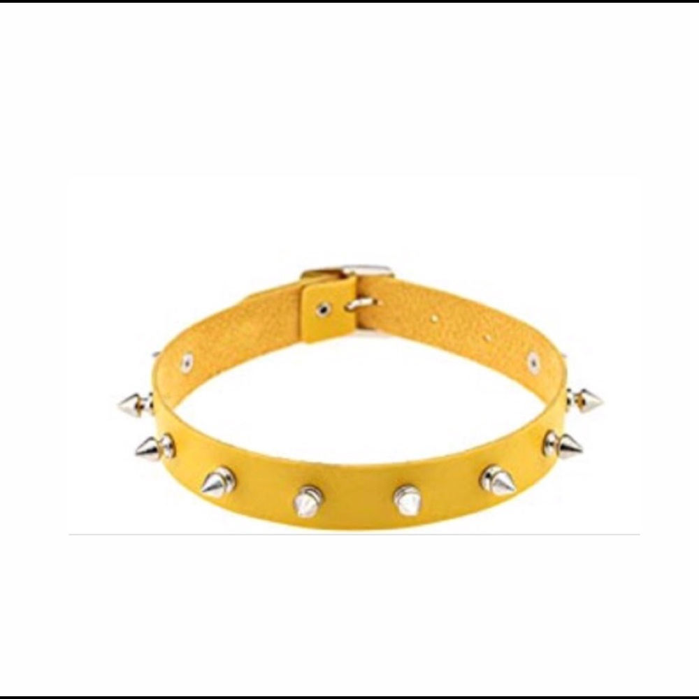 Gold Yellow Faux Leather Metal Spike Rivet Choker Punk Buckle Goth Necklace